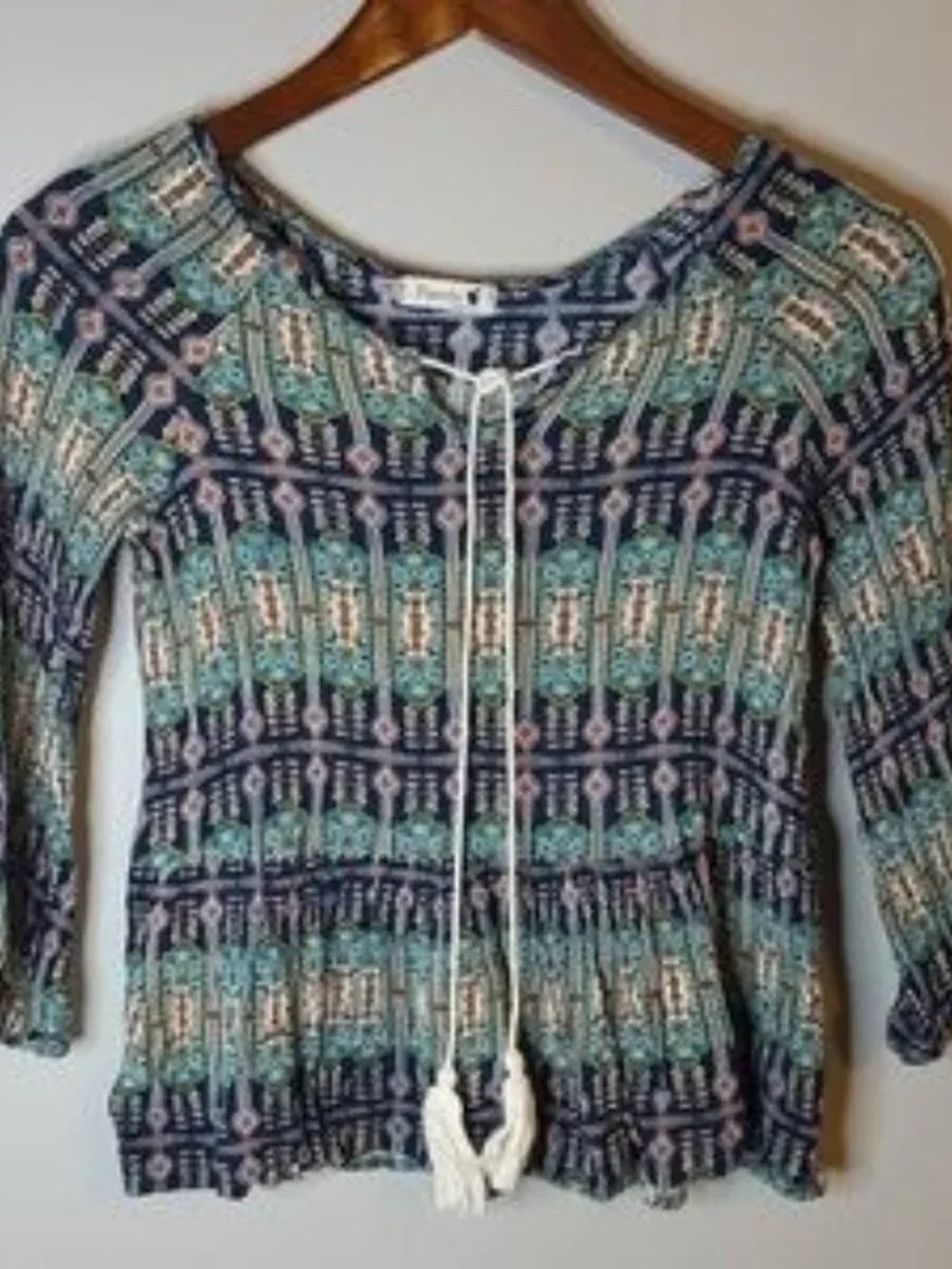 Pomelo Navy and Teal Boho Peasant Top with Tassel Tie